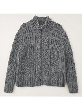 Hand Knit Wool Blend Cable Knit Full Zip Cardigan Sweater Gray Chunky Men L - XL